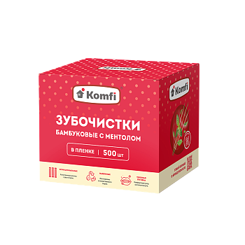 Зубочистки бамбуковые в инд. полипропиленовой упаковке, мятные,  500 шт, в коробке, Komfi