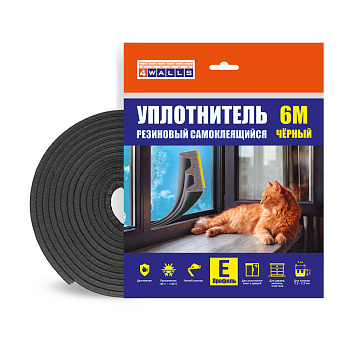 Уплотнитель резиновый E-профиль, 6 м, черный, 4Walls 