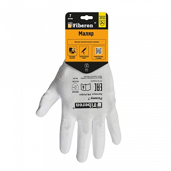 Перчатки "МАЛЯР: точные работы", полиэстер, полиуретановое покрытие, в и/у, 7(S), белые, Fiberon