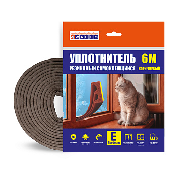 Уплотнитель резиновый E-профиль, 4*9 мм, 6 м, коричневый, 4Walls 
