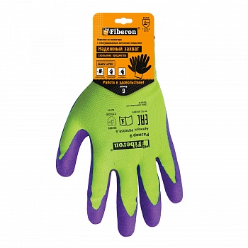 Перчатки "Суперкомфортные", полиэстер, покрытие Sandy Latex, в и/у, 9(L), салатовый+фиолетовый, Fiberon