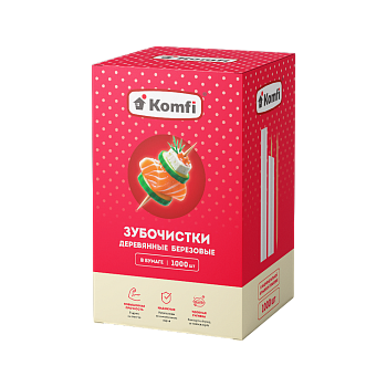 Зубочистки березовые в инд.бумажной упаковке 1000 шт, в коробке, Komfi