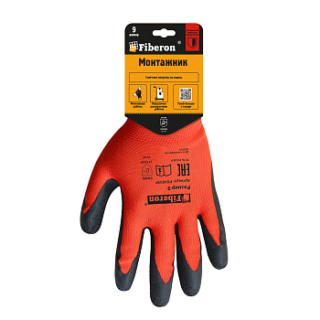 Перчатки "МОНТАЖНИК: надёжный захват", полиэстер, текстурированное латексное покрытие, в и/у, 9(L), Fiberon