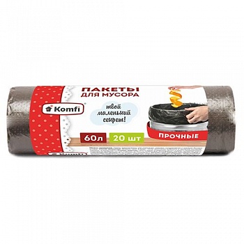 Мешки для мусора ПНД, 8 мкм, 60 л,  чёрные, в рулоне, 20 шт/уп., Komfi