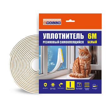 Уплотнитель резиновый I-профиль, 2*9 мм, 6 м, белый, 4Walls 