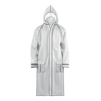Прочный дождевик-плащ EVA, белый со светоотражающими кантом и полосами, на кнопках, прозрачный капюшон, с карманами, 130 мк, Nadzor