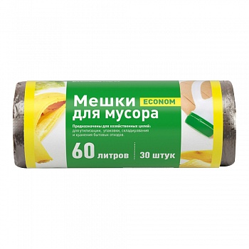 Мешки для мусора ПНД, 60 л, чёрные, в рулоне, эконом, 30 шт/уп.