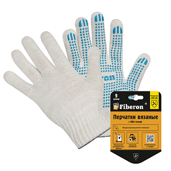 Перчатки вязаные ХБ, с ПВХ-точкой, 52 г, 10 класс, белые, в и/у, Fiberon