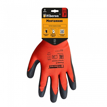 Перчатки "МОНТАЖНИК: надёжный захват", полиэстер, текстурированное латексное покрытие, в и/у, 9(L), Fiberon